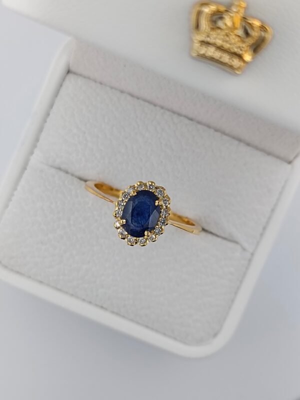 Gold Halo Ring With Diamonds & Blue Sapphire