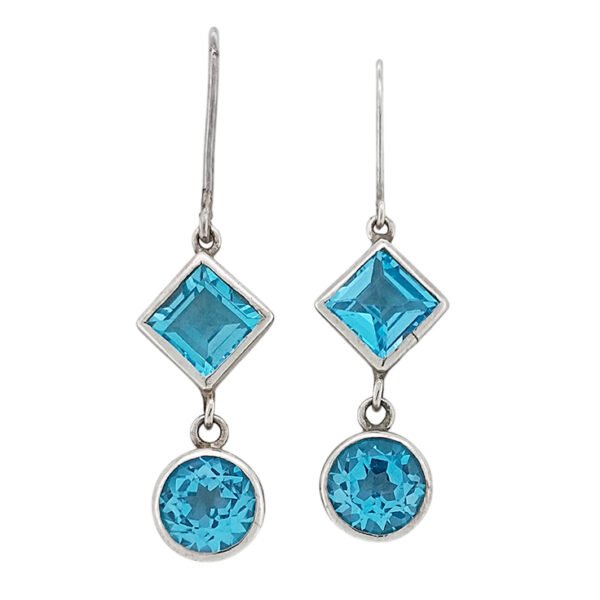925 Silver Blue Topaz Square Round Earrings
